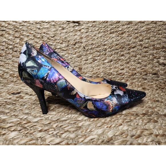 J Renee Ryenne Butterfly Screen Print Glitter Heels Toes Black Purple Size 10 M - Picture 1 of 11